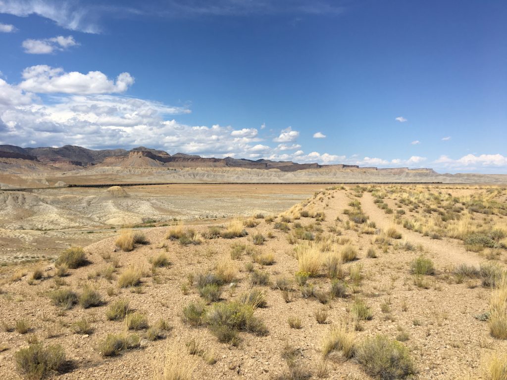 Long train moving through beautiful desolation ...